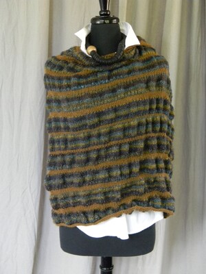 Hand Knitted Moody Midnight Shimmery Purple Copper Chestnut Striped Ruched Shawl Wrap Lap Blanket - image1